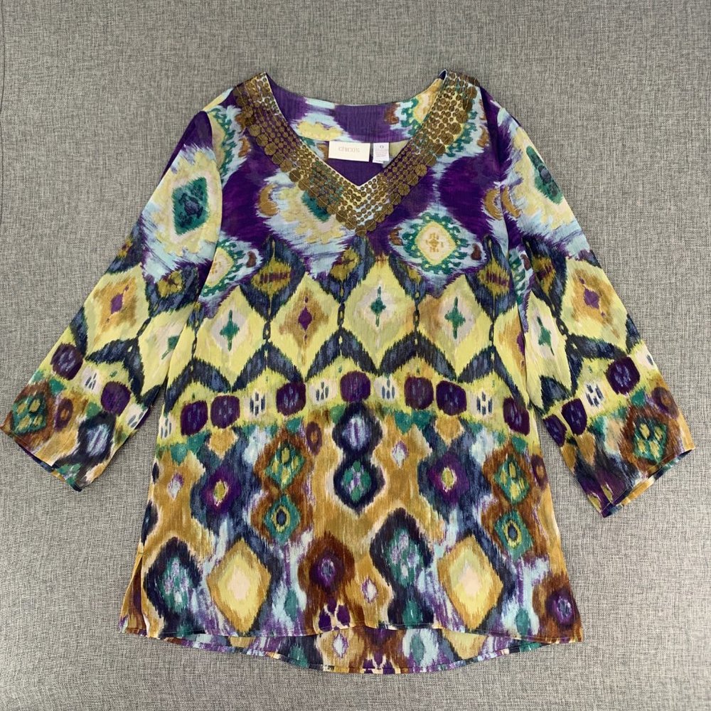 Chico's Multicolor Semi Sheer Blouse 3/4th Sleeve‎ V-Neck Sz 0= Small Polyester